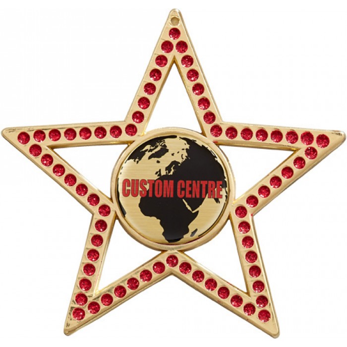 CUSTOM CENTRE RED GEM STAR MEDAL - 75MM - GOLD, SILVER OR BRONZE